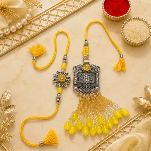Yellow Kundan Bhaiya Bhabhi Lumba Rakhi Set with Roli Chawal