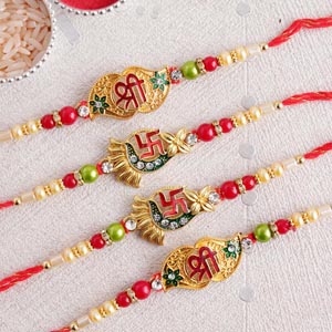 Two Shree and Two Swastika Golden Rakhi Set