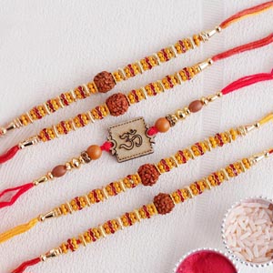 Four Rudraksha and One Om Rakhi - Auspicious Rakhi