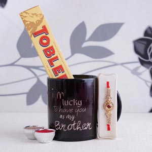 Golden Rakhi with Mug and Toblerone Chocolate