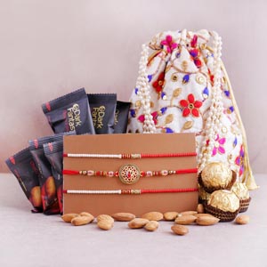 Three Brothers Rakhi with Almonds Potli and Chocolates