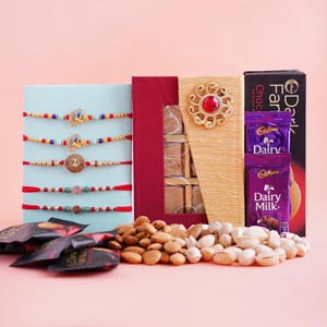 5 Designer Rakhi Set with Dryfruits and Chocolates
