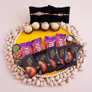 2 Rakhi with Puja Thali and Chocolates Combo