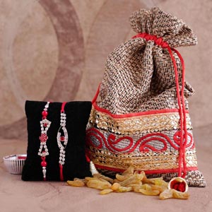 Two Stone Rakhi Set with Raisin Potli