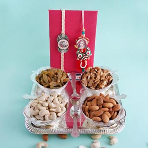 Bhaiya Bhabhi Rakhi with Silver Tray and Dryfruits
