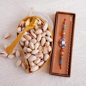 Rakhi with Pista and Designer Golden Tray