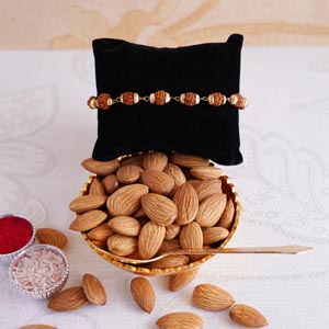 Rudraksha Bracelet Rakhi with Almonds and Golden Bowl