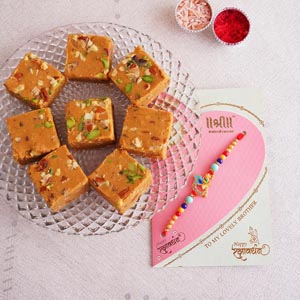 Peacock Rakhi with Besan Barfi Sweets