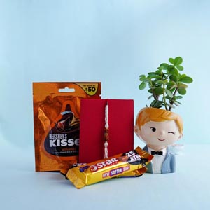 Rudraksha Rakhi with Jade Plant and Chocolates Combo