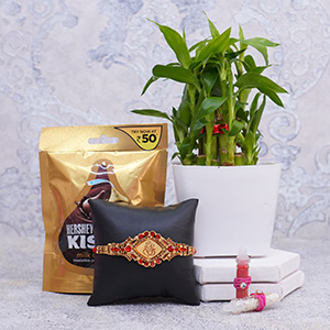 Golden Ganesha Rakhi with Lucky Bamboo and Chocolates - Patta Rakhi