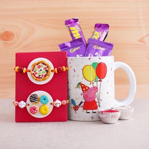 Two Foodie Rakhis with Chocolates and Mug