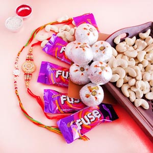 Two Fancy Rakhi Hamper with Sweets and Chocolates