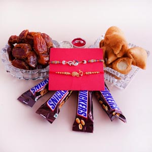 2 Designer Rakhi with Dates and Snacks Hamper