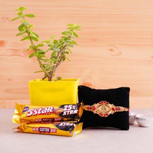Golden Ganesha Rakhi with Jade Plant and Chocolates
