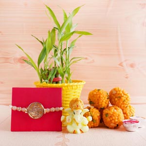 Gayantri Mantra Rakhi with Lucky Bamboo and Laddoo - Rakhi to Bhubaneswar