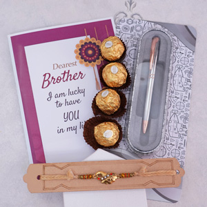 Golden Rakhi with Card Pen N Ferrero Rocher