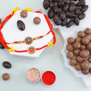 Pair of Golden Rakhis with Dry Fruit Chocolates