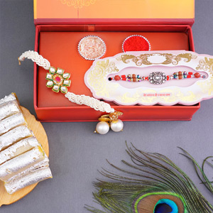 Antique Rakhi N Lumba Rakhi with Sweets in Signature Box - Rakhi with Sweets