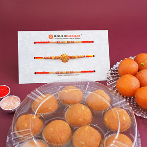 Golden Rakhi N Beaded Rakhi with Sweets Combo