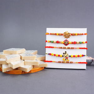Set of Five Rakhis with Kaju Katli Gift Pack