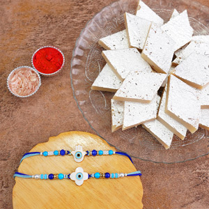 Double Evil Eye Rakhi with Kaju Katli - Rakhi with Sweets