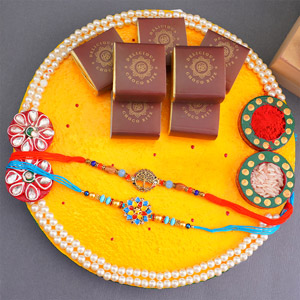 Golden Rakhi N Flower Rakhi with Sweets Combo