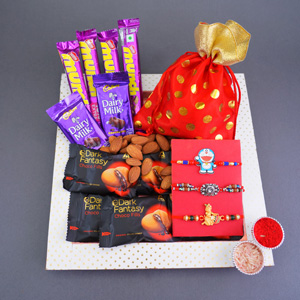 Two Alluring Rakhis N Kids Rakhi with Chocolates Gift Hamper