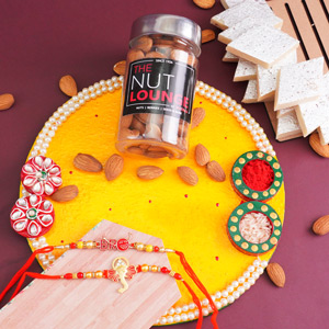 Golden Rakhi N Designer Rakhi with Kaju Katli Gift Pack