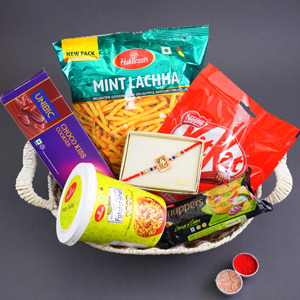 Golden Rakhi with Chocolates N Cookies in Tray