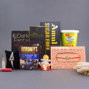 Silver Bracelet Rakhi N AD Rakhi with Kaju Katli N Chocolates