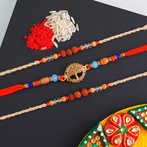 One Golden Tree Rakhi and Two Rudraksha Rakhi