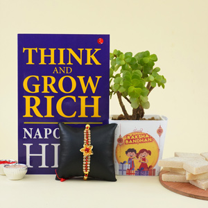Designer Golden Rakhi with Book N Jade Plant Combo