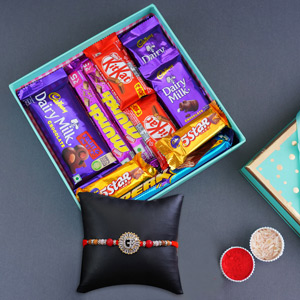 Silver Om Rakhi N Chocolates in a Designer Box - Rakhi With Signature Box