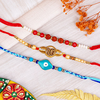 Set of Three Rakhi with Devotional and Evil Eye Rakhi