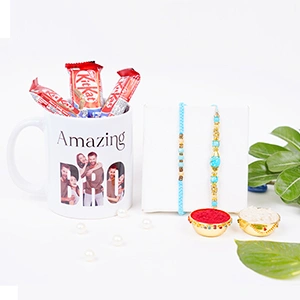 2 Beaded Rakhi with Personalized Mug for brother