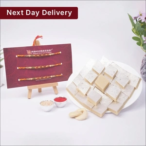 Rudraksha Rakhi Gift Pack with Kaju Katli