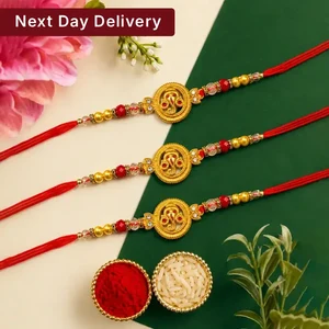 Golden Ganesha Blessing Rakhi Set of 3 with Roli Chawal