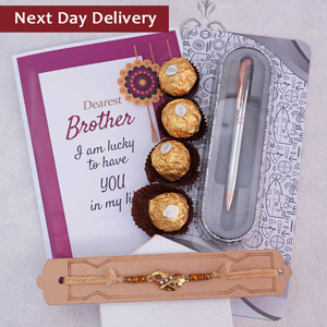 Golden Rakhi with Card Pen N Ferrero Rocher Next Day Delivery - Next Day Rakhi Delivery