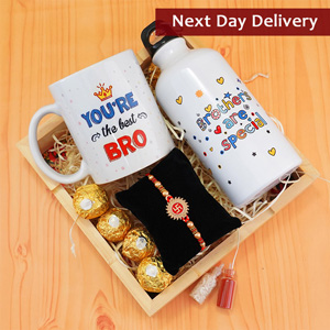 Swastika Rakhi with Bottle N Mug Gift Hamper Next Day Delivery