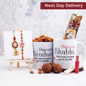 Dearest Brother Bhabhi Mugs N 2 Rakhi with Chocolates Gift Hamper Next Day Delivery