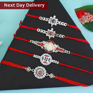 Gleaming Set of 5 Silver Rakhis Next Day Delivery - Send Rakhi to India