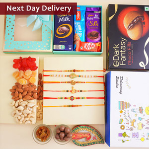 Six Rakhi Set with Chocolates N Dry Fruits Next Day Delivery