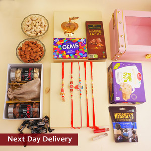 Five Rakhi Set with Dry Fruits Gift Hamper Next Day Delivery