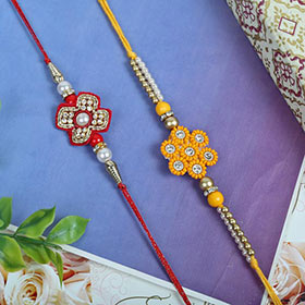 Red Yellow Zardosi Rakhi Set
