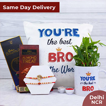 Set of Two Pearl Rakhis with Cushion N Mug Same Day Delivery In Delhi NCR