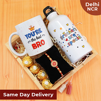 Swastika Rakhi with Bottle N Mug Gift Hamper Same Day Delivery In Delhi NCR-Same Day Rakhi to Delhi NCR