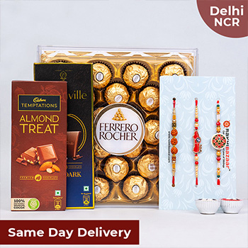 Set of 3 Designer Rakhis with Chocolate Hamper Same Day Delivery In Delhi NCR-Same Day Rakhi to Delhi NCR