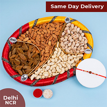 Rudraksha Rakhi with a Tray of Dry Fruits Same Day Delivery In Delhi NCR