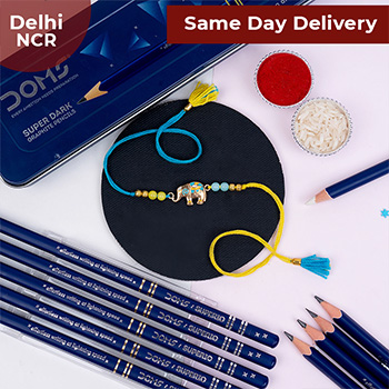 Designer Elephant Rakhi with Doms Pencil Box Same Day Delivery In Delhi NCR