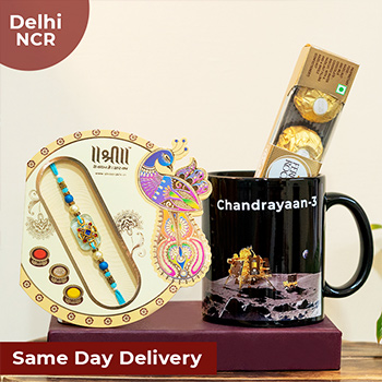 Blue Designer Rakhi with Chandrayaan 3 Mug Same Day Delivery In Delhi NCR